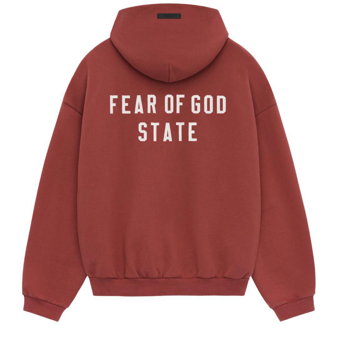 ESSENTIALS FOG FEAR OF GOD STATE LOGO HEAVY ZIP-UP CRIMSON