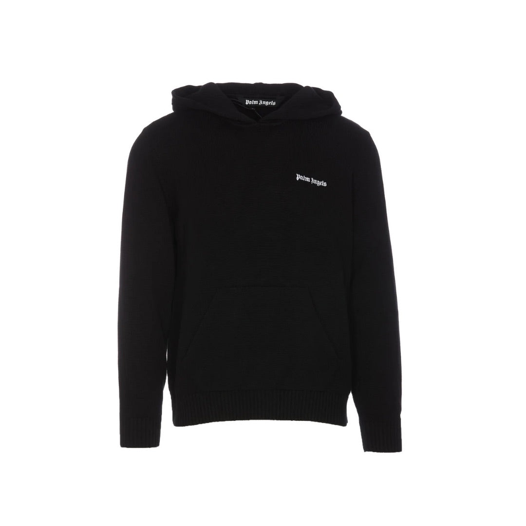 PALM ANGELS BLACK EMBROIDERED KNIT HOODIE BLACK