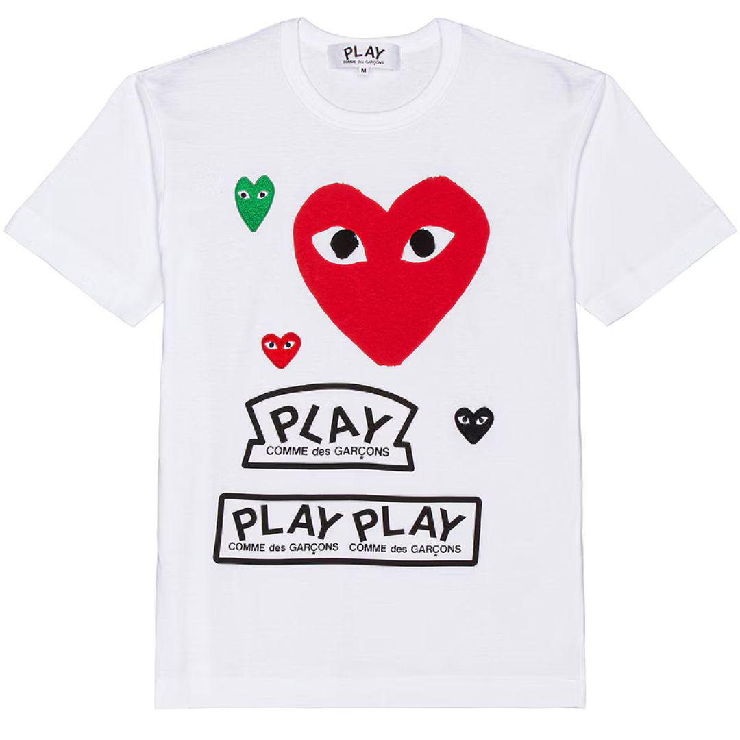 COMME DES GARÇONS PLAY MULTI LOGO RED HEART T-SHIRT WHITE