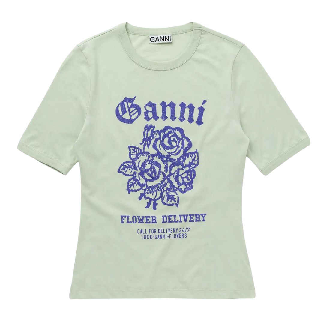 GANNI FLOWER PRINT FITTED T-SHIRT SEAFOAM