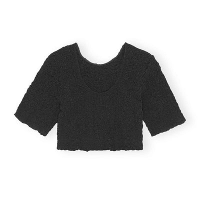 GANNI O NECK CROPPED SMOCK TOP BLACK