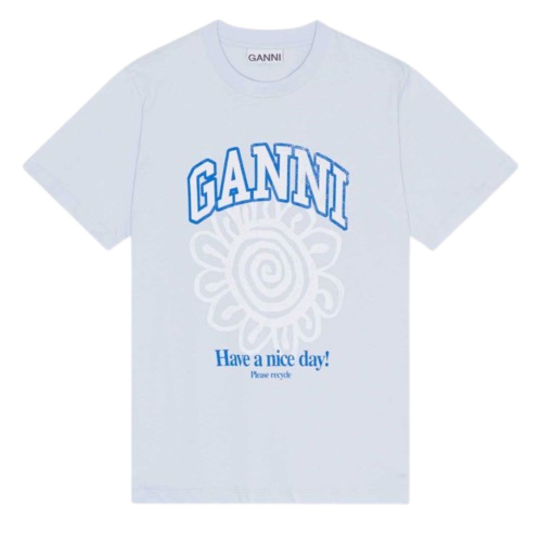 GANNI FLOWER PRINT RELAXED T-SHIRT ICE BLUE