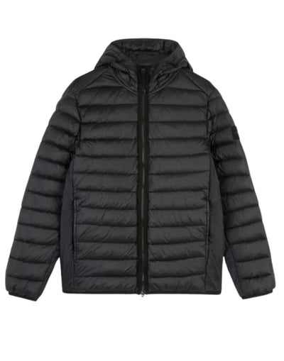 STONE ISLAND LOOM WOVEN CHAMBERS HOODED DOWN JACKET BLACK