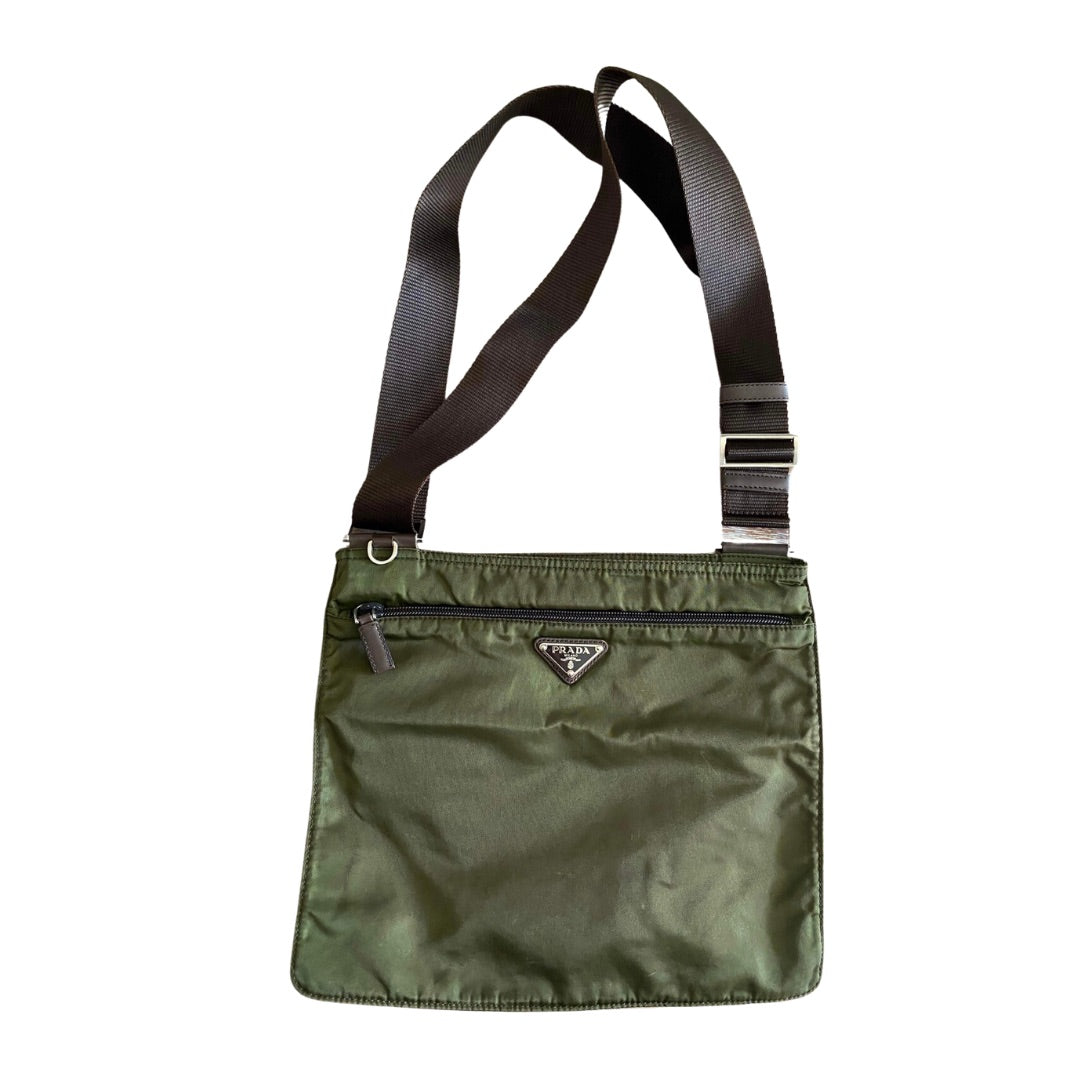 PRADA NYLON TESSUTO SHOULDER BAG OLIVE BROWN STRAP