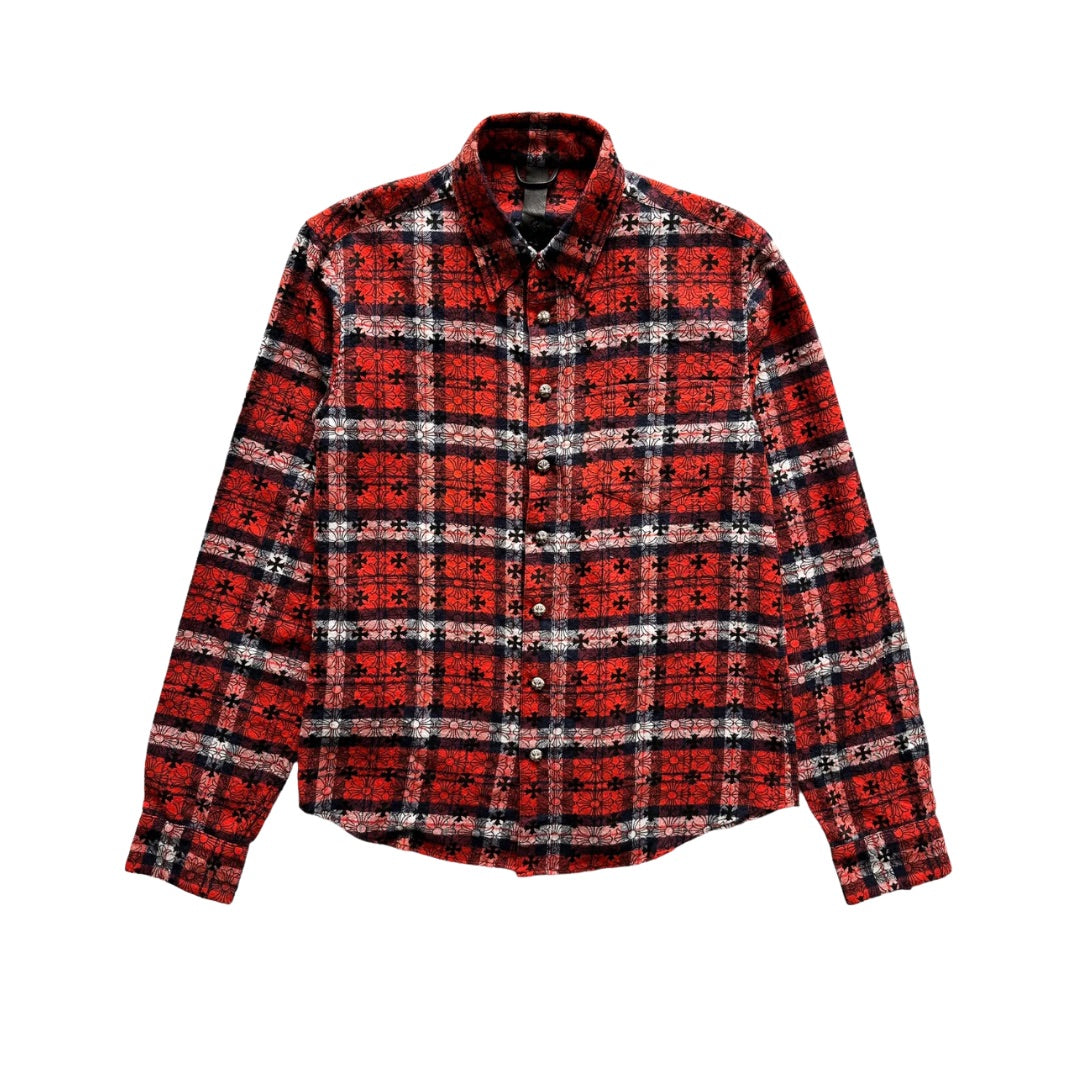 CHROME HEARTS LOOSE ENDS BUTTON UP FLANNEL RED