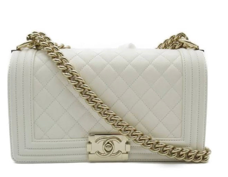 CHANEL BOY BAG  CAVIAR WHITE/ GOLD