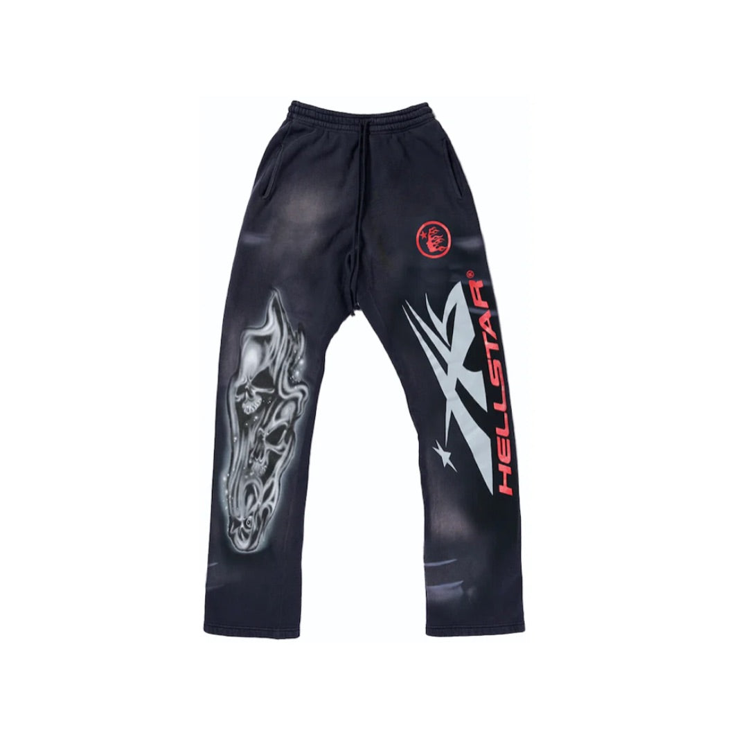 HELLSTAR AIRBRUSHED SKULL FLARE SWEATPANTS MIDNIGHT DYE BLACK